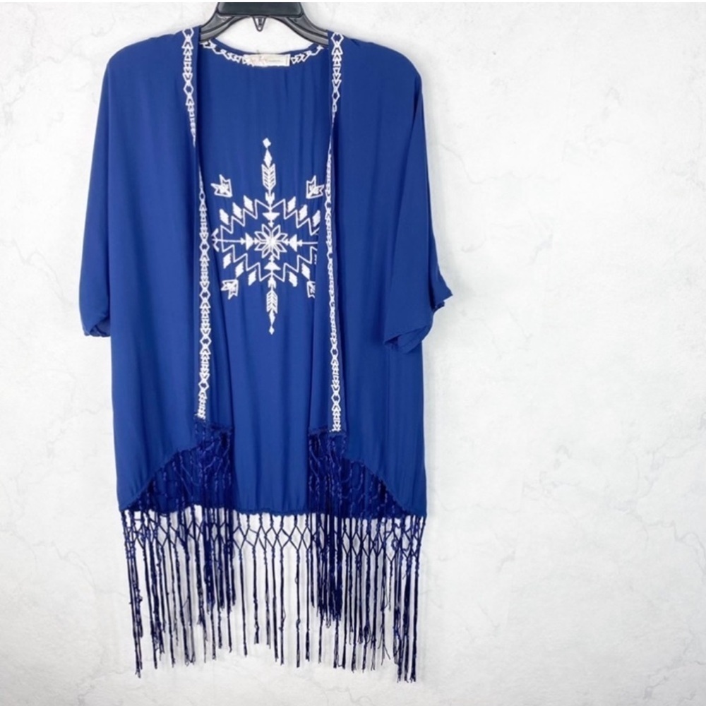 Love Tree Blue Kimono with White Pattern and Fringe